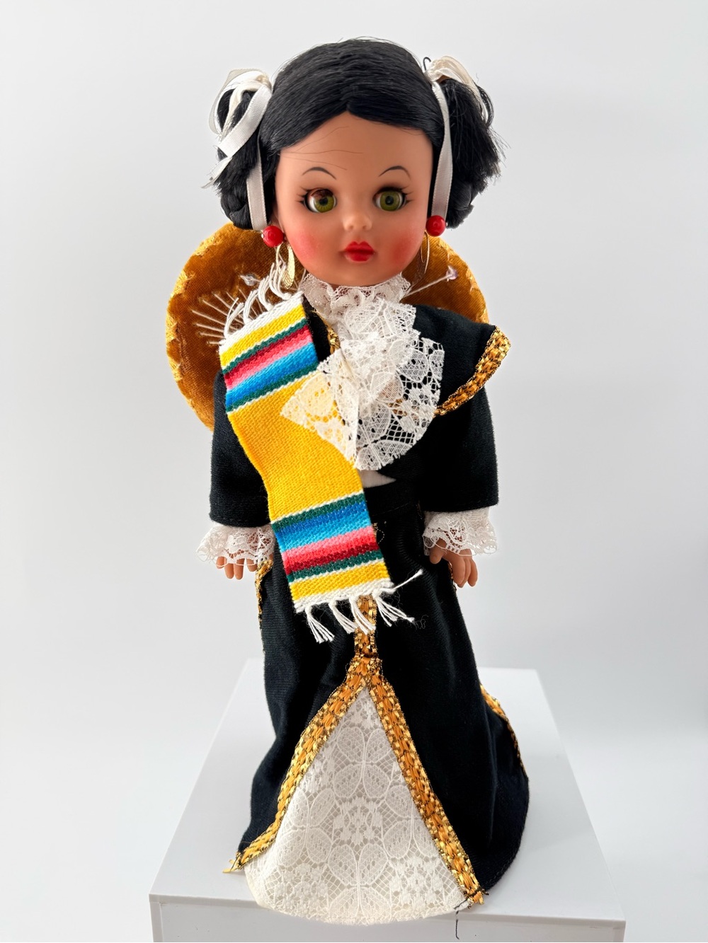 Traditional Black Cloth Doll with Yellow Sash and Lace Accents